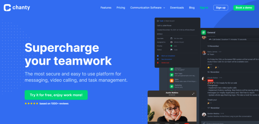 chanty messaging, video calling and task management platform