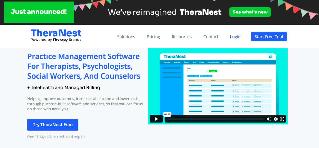 theranest EHR and practice management platform tailored for mental health and behavioral health professionals
